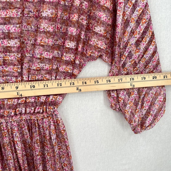 Vintage 80s Dress Womens Small Pink Sheer Striped 3/4 Sleeve Midi Tiny Floral - Picture 8 of 16